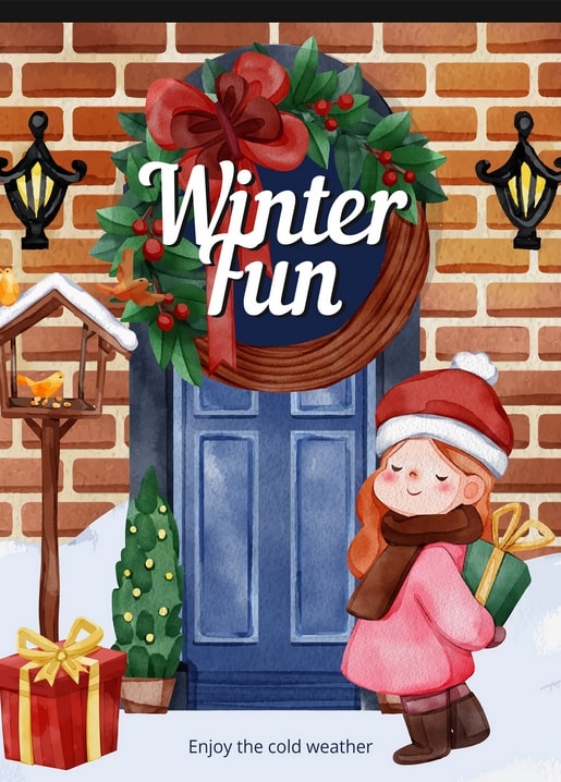 Mädchen im rosa Mantel mit Geschenk vor weihnachtlicher Kranztür, Postkarten-Illustration