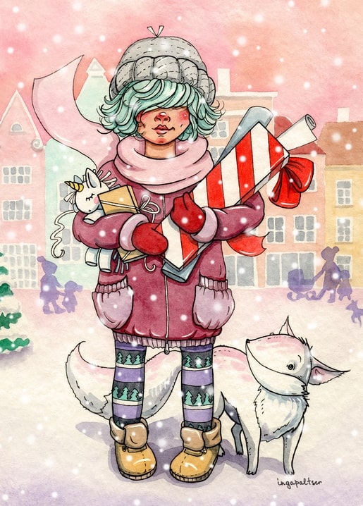 Illustrated postcard of a girl in a burgundy coat carrying a gift box beside a white husky pup in the snow