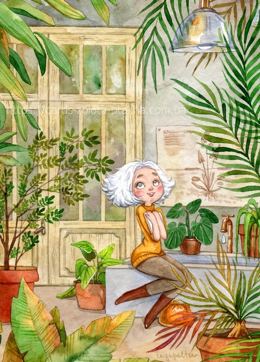 Silver-haired girl sitting among potted ferns and palms in a sunlit greenhouse conservatory.