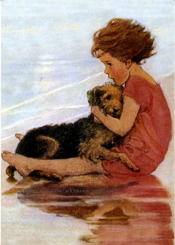 Mädchen in rosa Kleid umarmt zotteligen Terrier im nassen Sand, Illustration von Jessie Willcox Smith