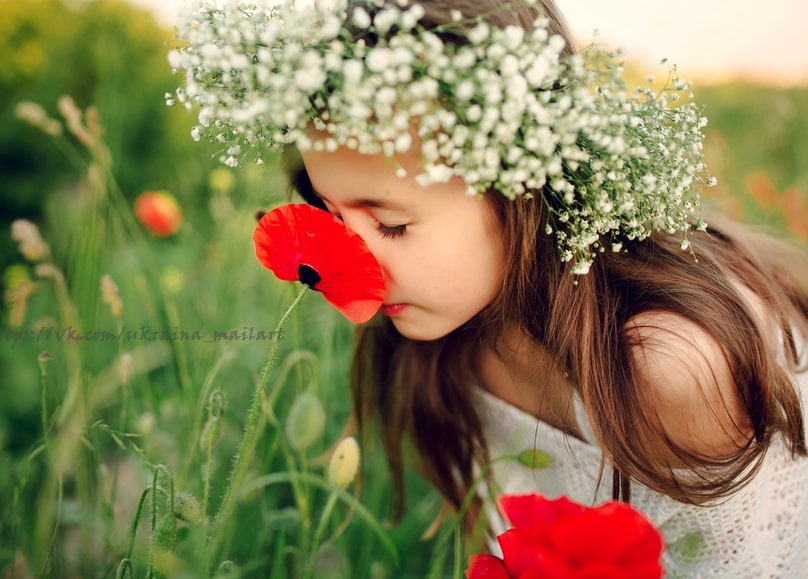 Mädchen mit Schleierkraut-Blumenkranz schließt die Augen an einer roten Mohnblume