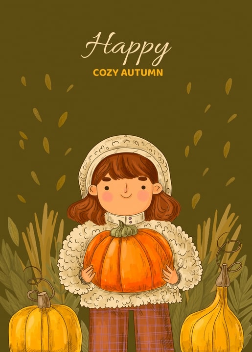 Illustration of a girl in a cream bonnet hugging a large orange pumpkin among dried grass