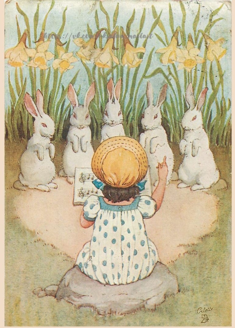 Mädchen im Tupfenkleid dirigiert fünf weiße Hasen, die zwischen Narzissen singen, Vintage-Osterillustration