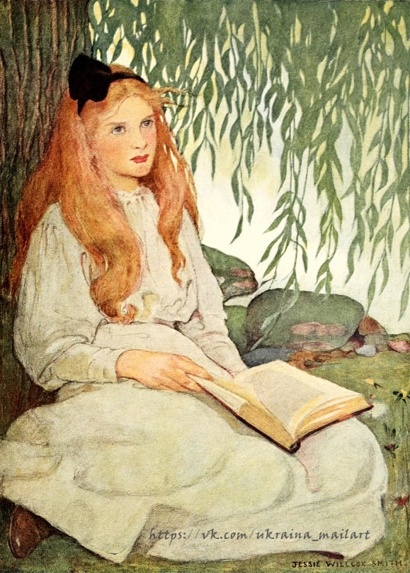 Illustration von Jessie Willcox Smith: rothaariges Mädchen liest unter einer Trauerweide