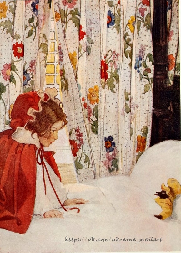 Illustration von Jessie Willcox Smith: Mädchen im roten Umhang betrachtet Spielzeugkatze
