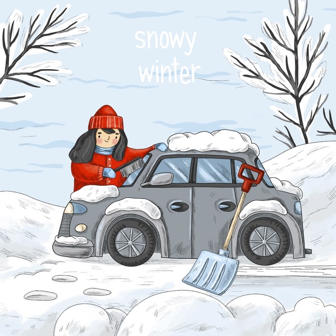 Illustriertes Mädchen im roten Mantel entfernt Schnee vom Auto mit einer Schaufel