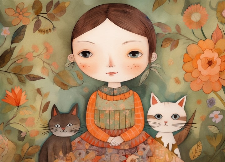 Folk-art postcard illustration of a girl with a grey cat and a white cat among orange autumn flowers