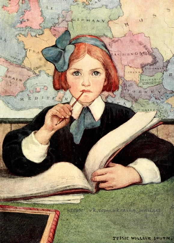 Illustration eines Mädchens mit Stift und Buch vor einer Weltkarte, von Jessie Willcox Smith