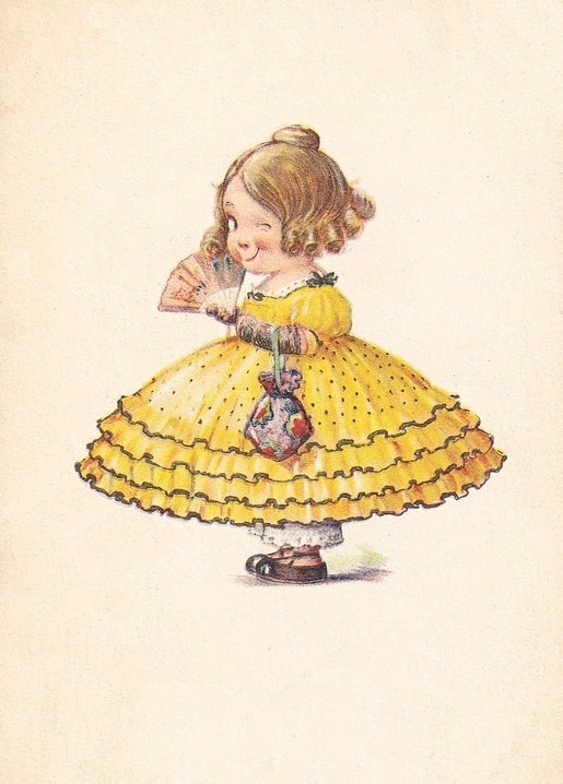 Illustrated postcard of a girl in a yellow ruffled dress winking behind a fan