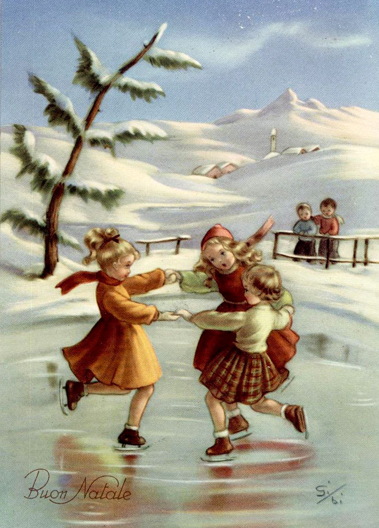 Vintage Christmas postcard illustration of three girls ice skating hand in hand on a frozen pond near a snowy village
