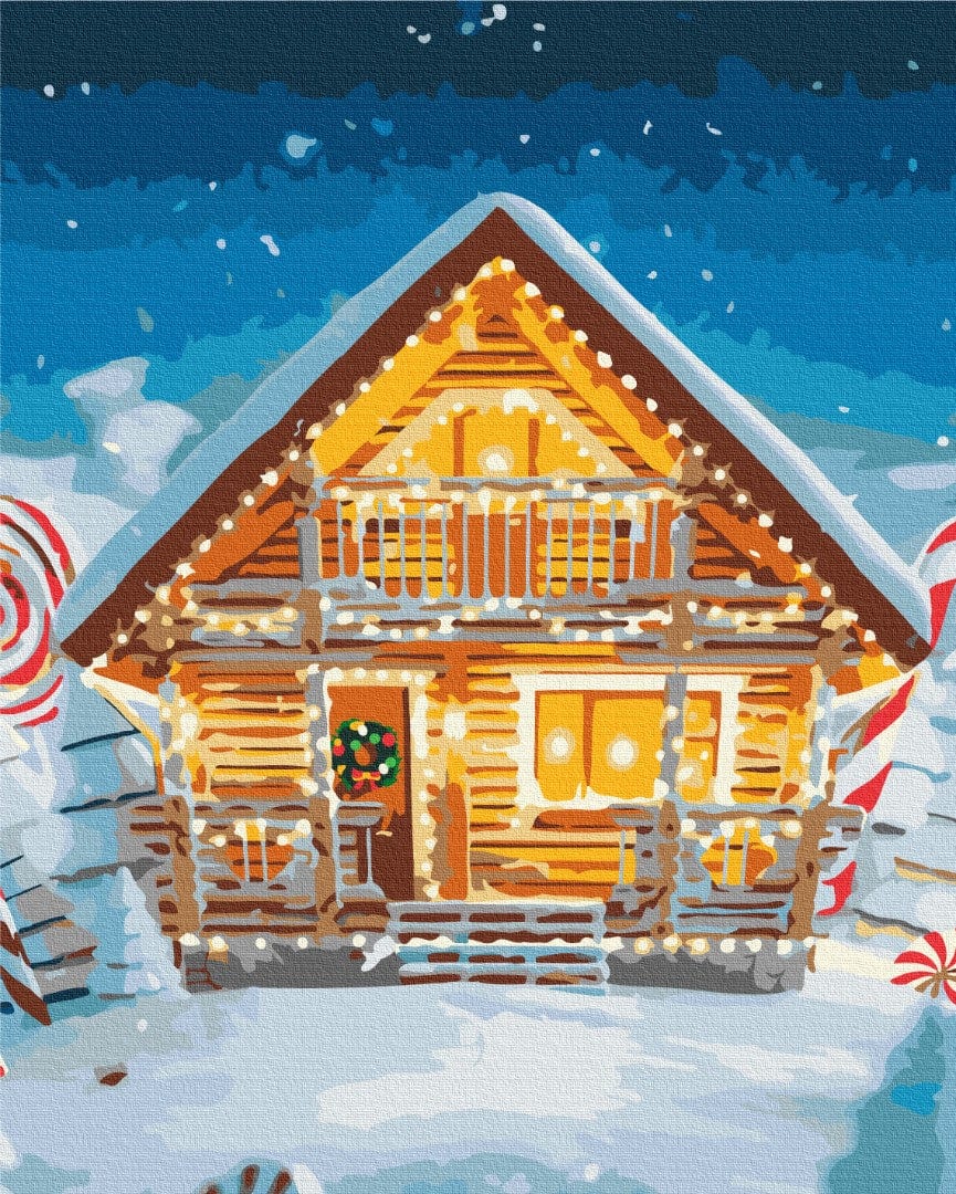 Malen-nach-Zahlen-Motiv eines erleuchteten Blockhauses im Schnee mit riesigen Zuckerstangen