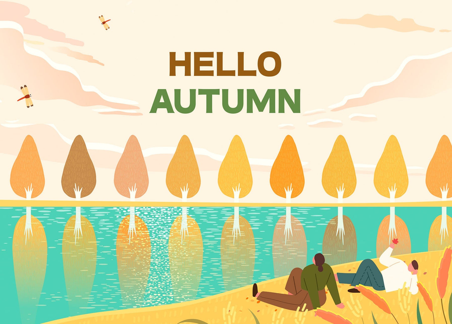 Illustrierte goldene Herbstbäume spiegeln sich im See, zwei Freunde sitzen im Schilf