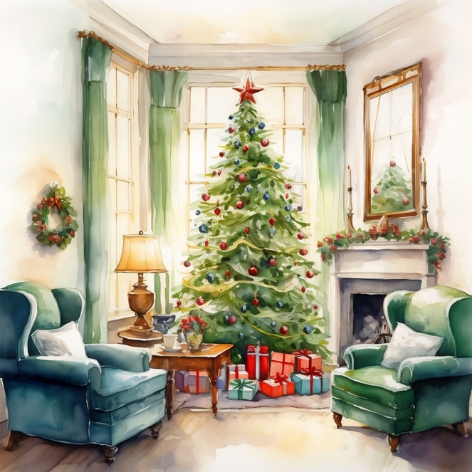 Aquarellbild mit grünen Ohrensesseln und geschmücktem Weihnachtsbaum im Erkerfenster