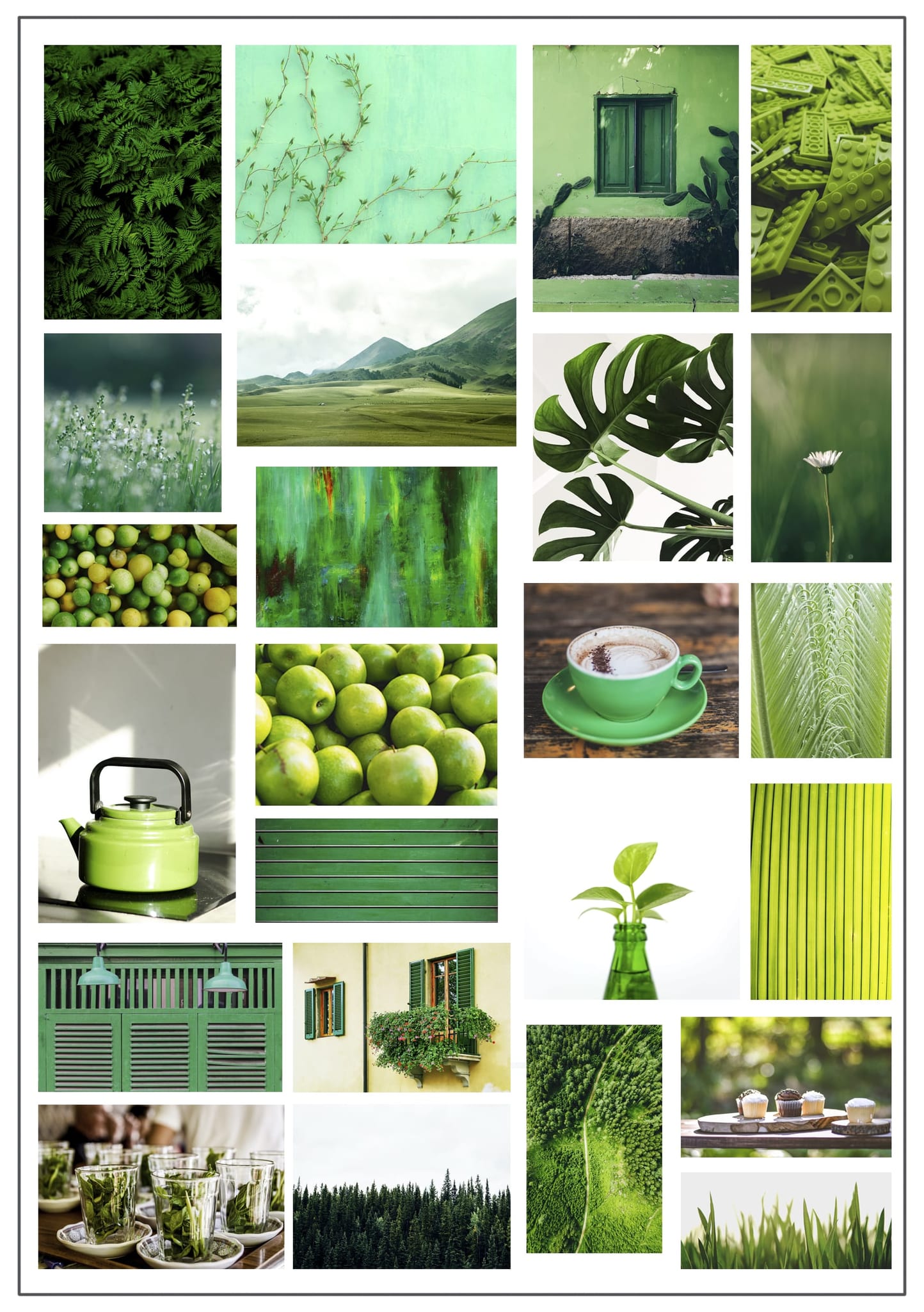 Grid of green-toned nature photos: ferns, ivy wall, monstera leaf, kettle, and misty forest
