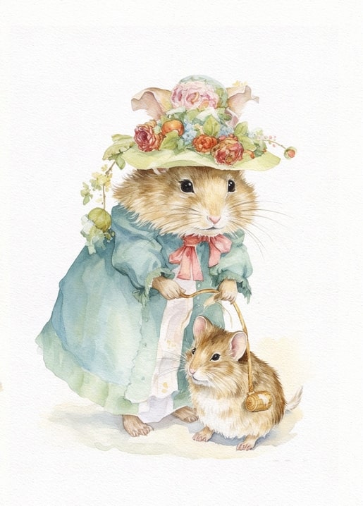 Watercolor hamster lady in a teal gown and floral bonnet walking a pet mouse on a leash