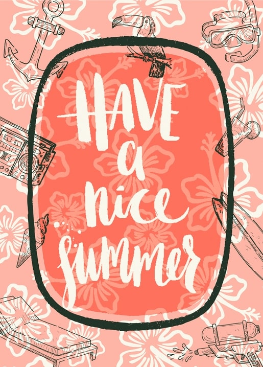 “Have a nice summer” lettering postcard on coral hibiscus print with a toucan and snorkel mask