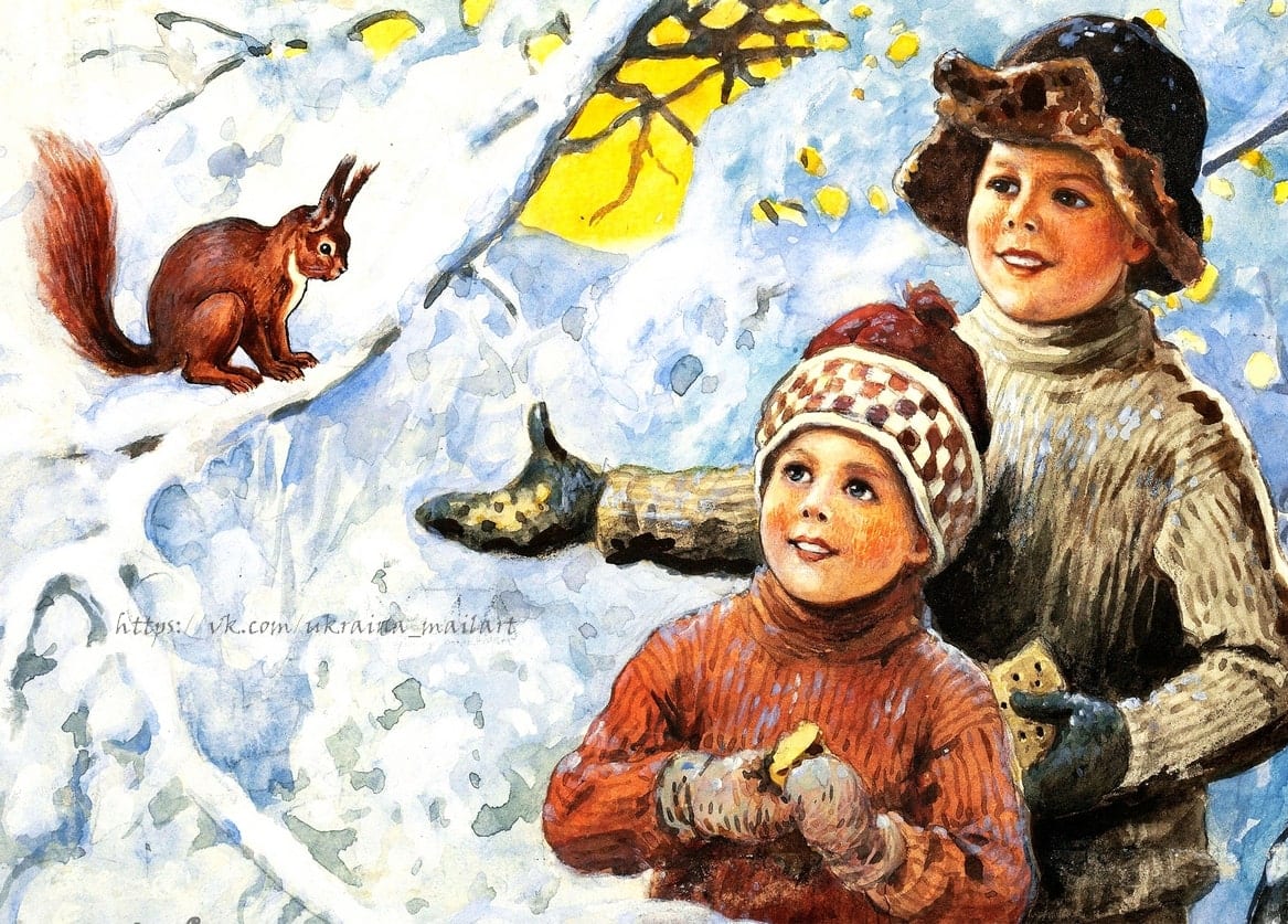 Jenny Nyström postcard: two boys watch a red squirrel on a snowy branch in winter woods