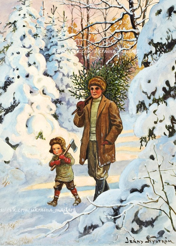 Jenny Nyström illustration of a father carrying a Christmas tree beside a child holding an axe