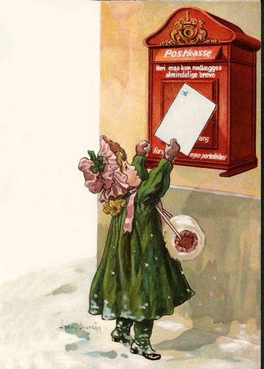 Jenny Nyström postcard: girl in a pink bonnet posts a letter in a red Postkasse mailbox
