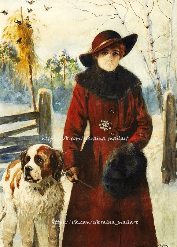 Aquarell von Jenny Nyström: Frau im weinroten Mantel führt einen Bernhardiner durch Schnee, Birken im Hintergrund
