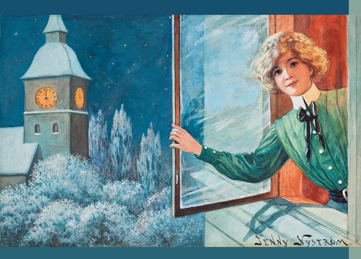 Illustrierte Postkarte: Frau in Grün lehnt um Mitternacht aus dem Fenster neben leuchtender Kirchturmuhr