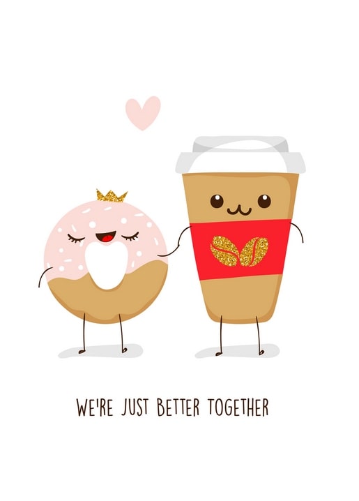 Kawaii-Donut mit Krone hält Händchen mit Kaffeebecher, kleines Herz dazwischen