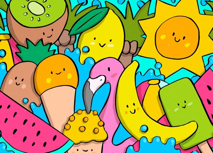 Illustrated postcard with kawaii fruit characters, a flamingo float, and a popsicle