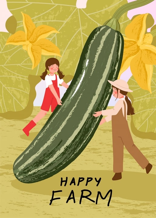 Illustration von Kindern, die eine riesige Zucchini durch ein Kürbisblattfeld tragen