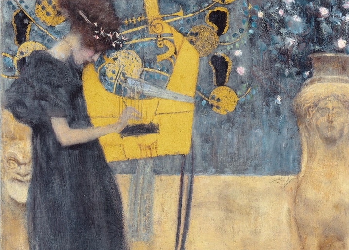 Клімт, «Музика» — жінка грає на лірі перед сфінксом, 1895