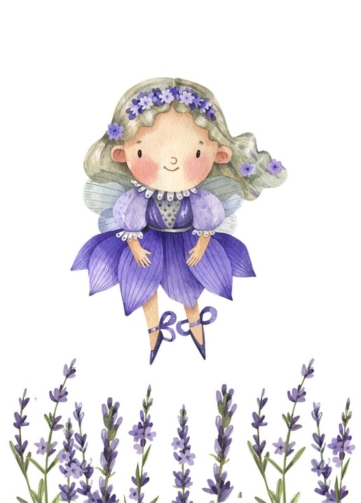 Aquarellillustration einer Fee im lila Blütenkleid mit Blumenkranz über blühendem Lavendel