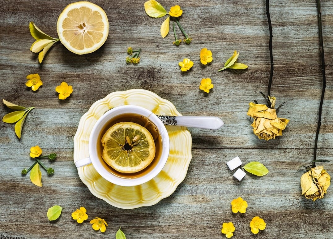 Tasse Zitronentee mit gelben Wildblumen, getrockneten Rosen und Zuckerwürfeln