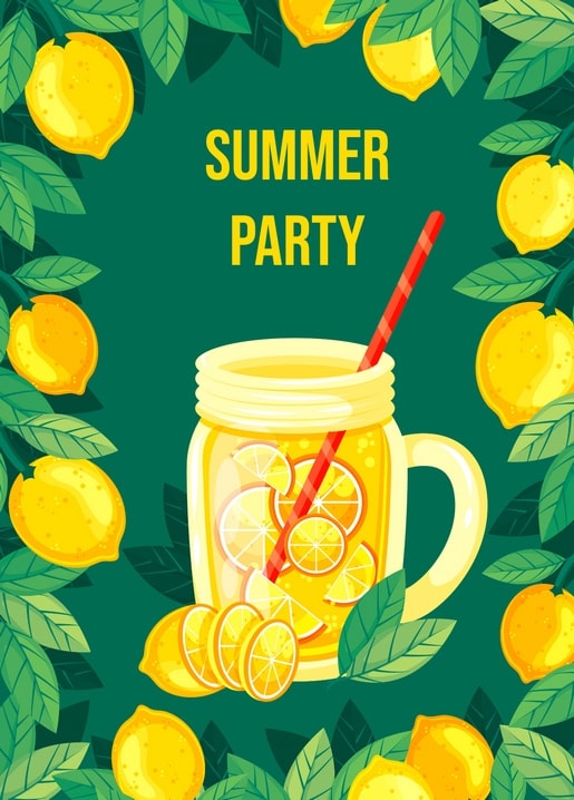 Illustrated mason jar of lemonade with straw, framed by fresh lemons