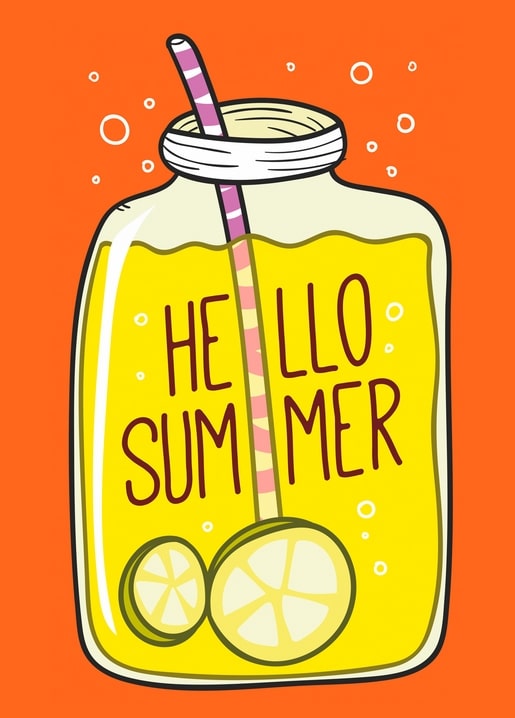 Hand-drawn lemonade jar with striped straw and lime slices on orange, lettered “Hello Summer”