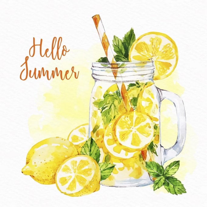 Watercolor mason jar of lemonade with lemon slices, mint and a striped straw, 'Hello Summer' text