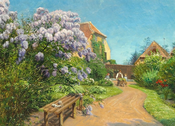 Wooden bench under a blooming lilac bush on a garden path, painting by Peder Mørk Mønsted