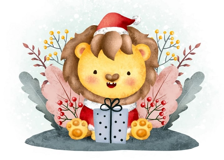 Löwenbaby mit Weihnachtsmütze hält ein eingepacktes Geschenk zwischen rosa Feiertagsblättern