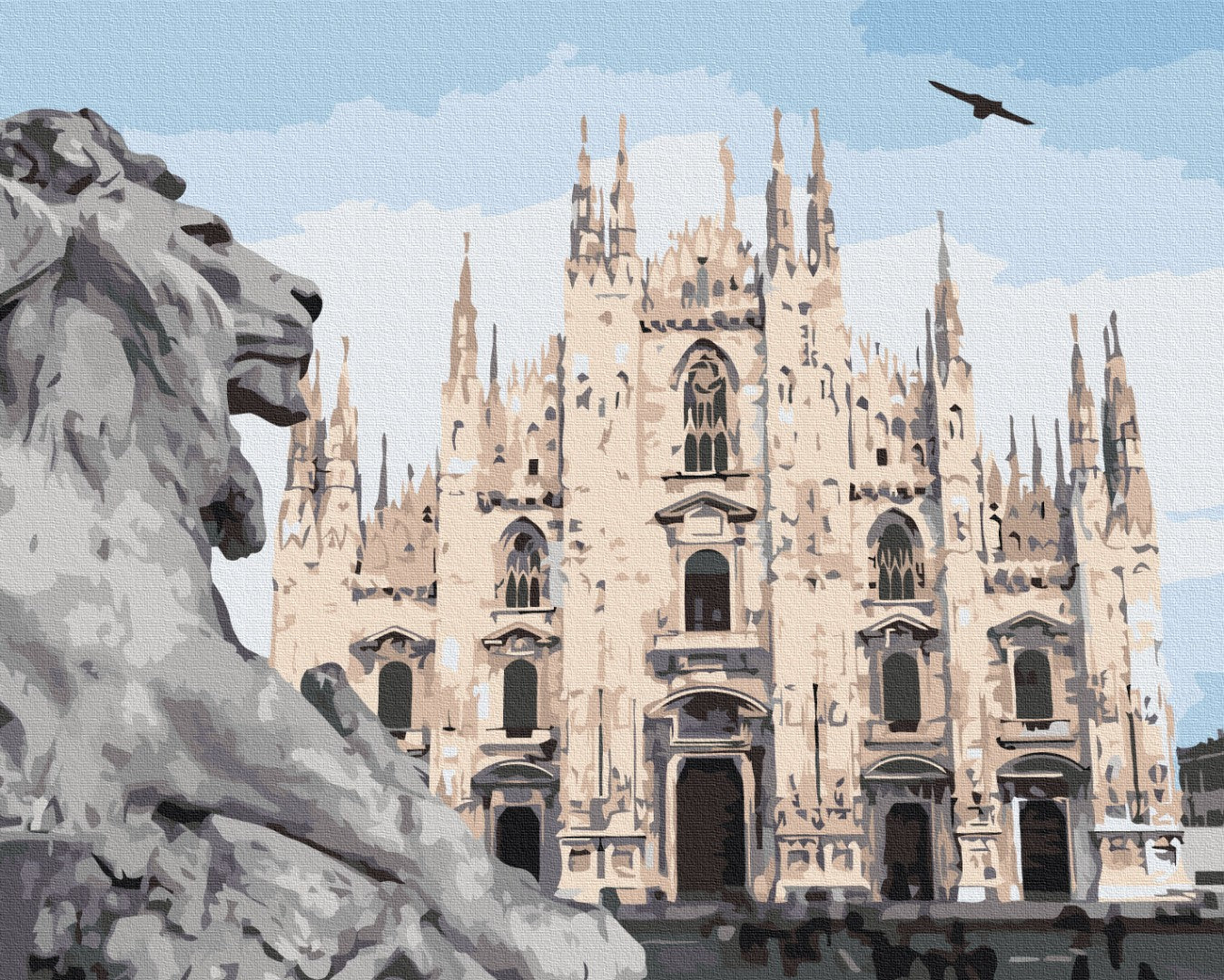 Stone lion statue in front of Milan Cathedral's Gothic spires and a flying bird