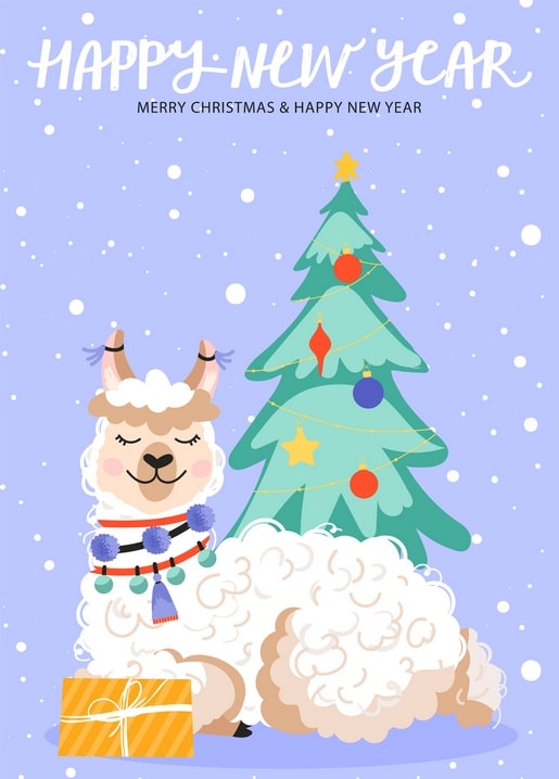 Illustration of a wooly llama in a pompom scarf sitting beside a decorated Christmas tree and a wrapped gift