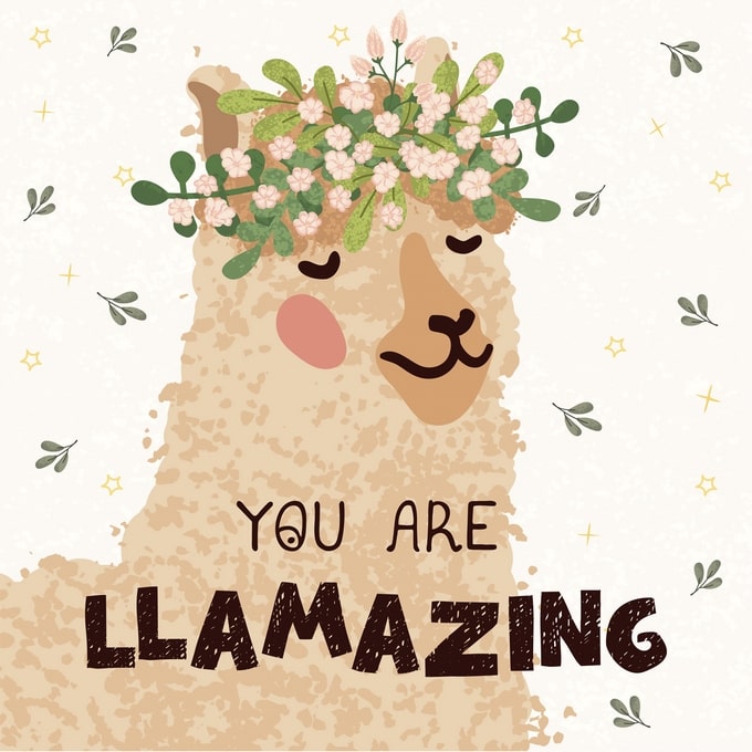 Пастельна лама у вінку з квітів на тлі зірок з написом 'You are llamazing'