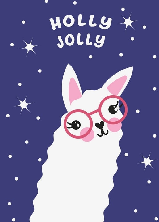 Illustriertes weißes Lama mit rosa Brille vor Sternenhimmel mit dem Schriftzug Holly Jolly