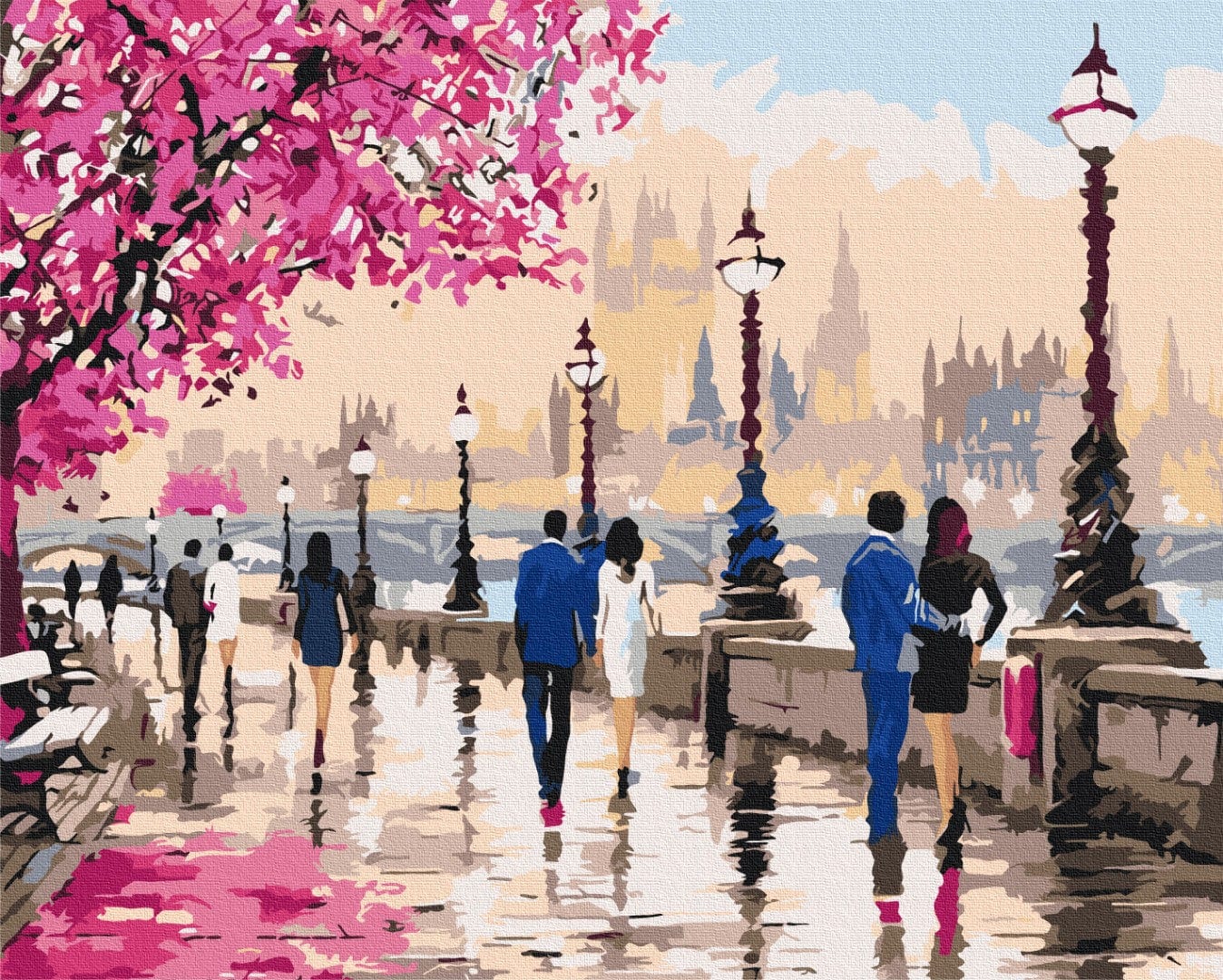 Painting-by-numbers scene of cherry blossoms over a Thames promenade with couples walking near Westminster
