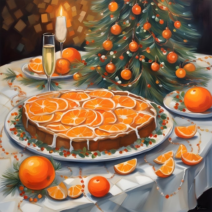 Mandarin tart, champagne glasses and a Christmas tree with citrus ornaments