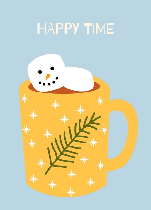 Illustration of marshmallow snowman floating in cocoa inside a yellow snowflake mug