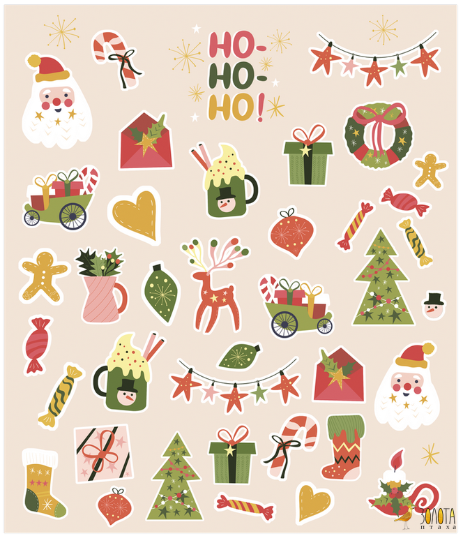 Ho-ho-ho Weihnachtsstickerbogen mit Santa, Geschenken und Tannenbäumen