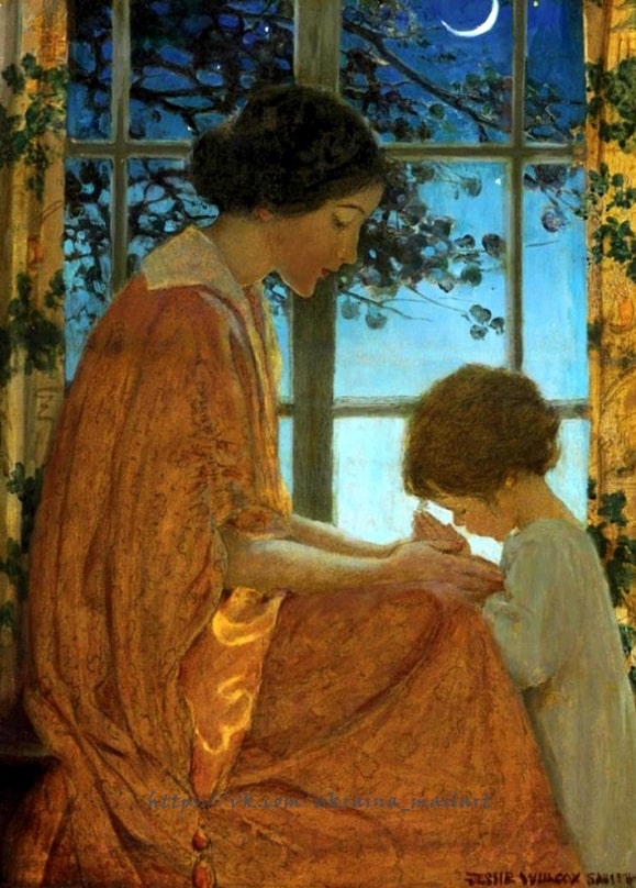 Illustration von Jessie Willcox Smith: Mutter und Kind falten die Hände am mondbeschienenen Fenster