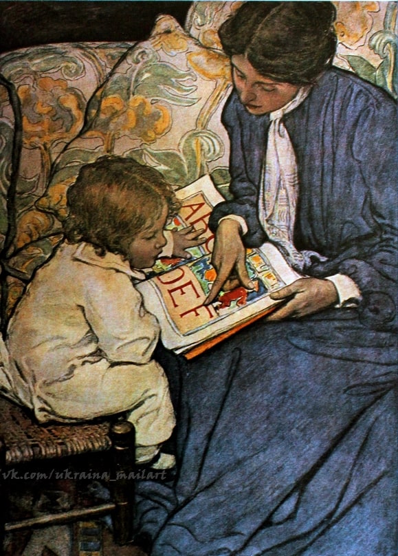 Illustration von Jessie Willcox Smith: Mutter liest mit Kind ein ABC-Buch