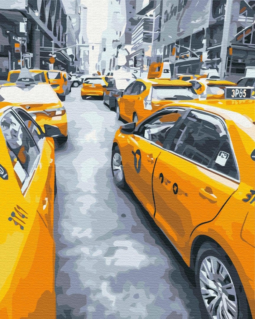 Rows of yellow taxis packed on a mostly grayscale New York street, skyscrapers in the background