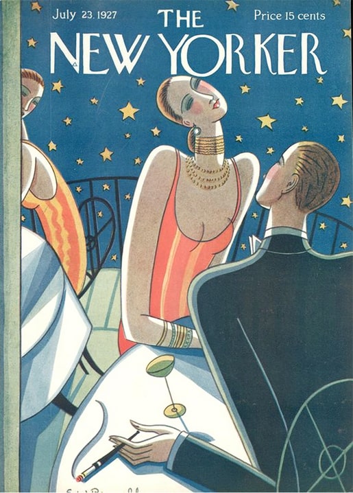The New Yorker magazine cover from July 23, 1927, showing an Art Deco couple stargazing at a rooftop party