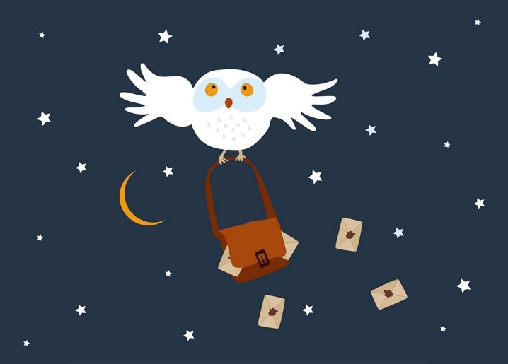 Illustrated white owl flying at night with a mail satchel, dropping envelopes under a crescent moon and stars