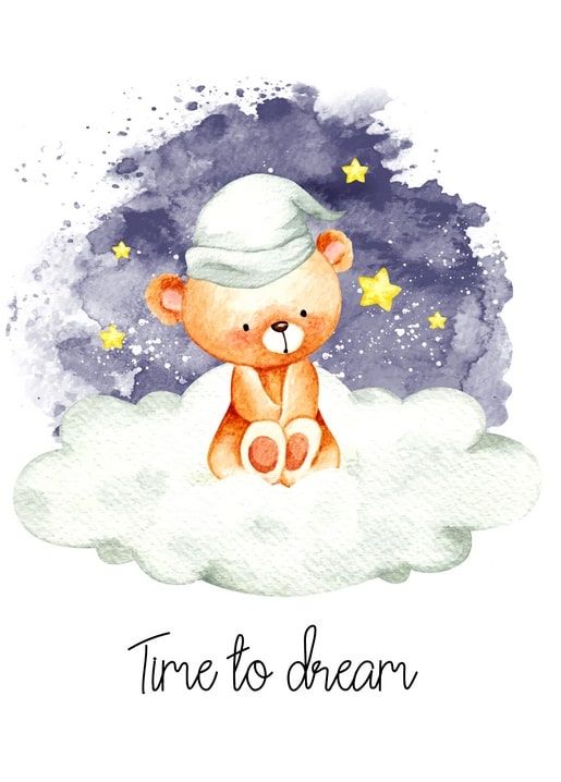 Watercolor bear in a nightcap sitting on a cloud under a starry night sky